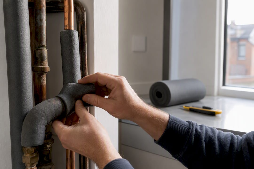 Hands applying pipe lagging insulation