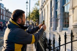 Energy assessor measuring home exterior