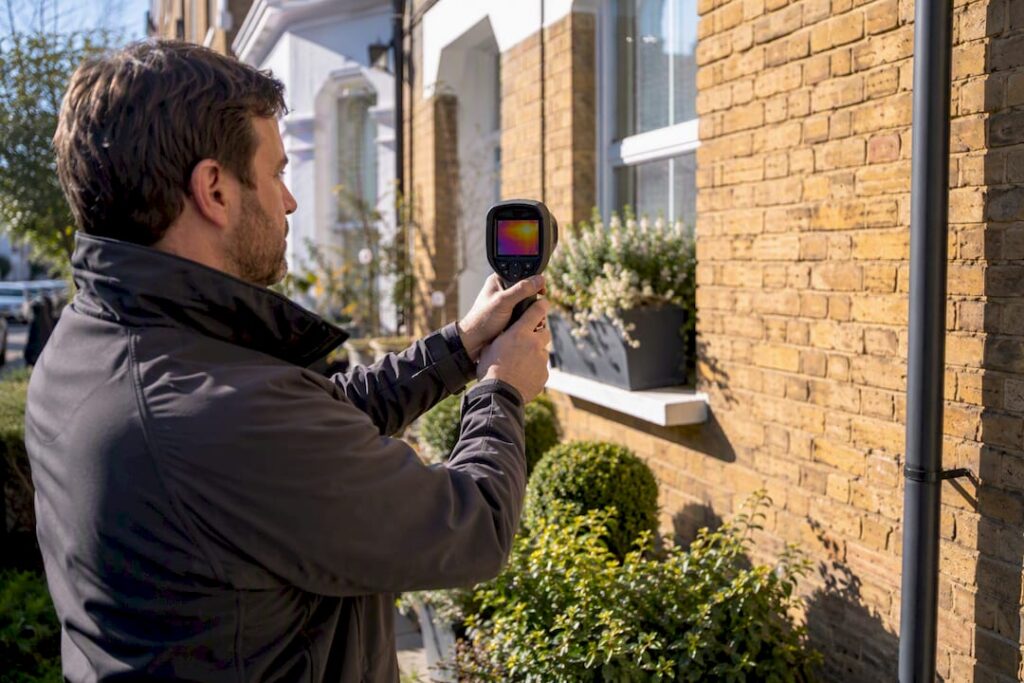Energy assessor scanning house exterior with thermal camera