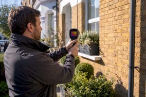 Energy assessor scanning house exterior with thermal camera