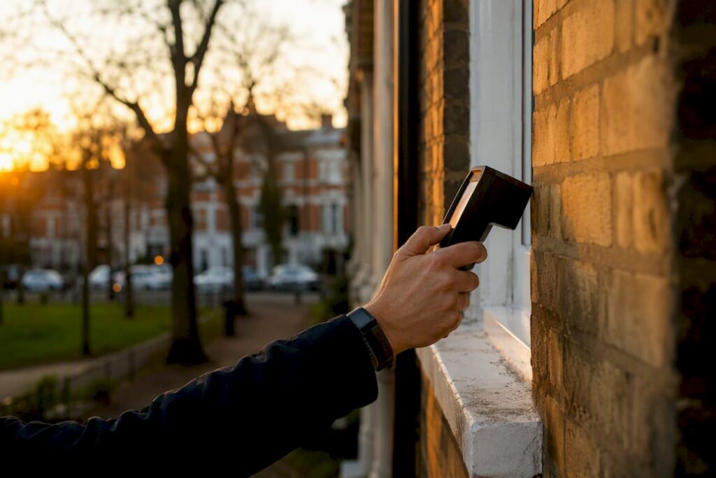 Energy assessor scanning house wall insulation