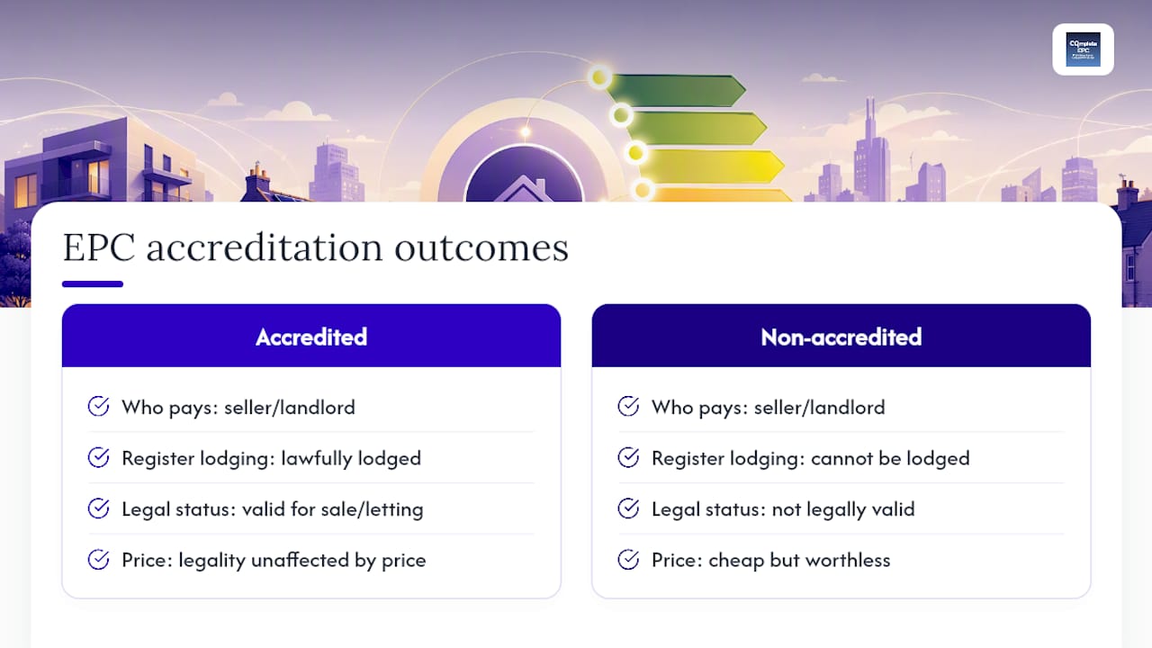 Diagram comparing accredited vs non-accredited EPC assessors’ legal validity