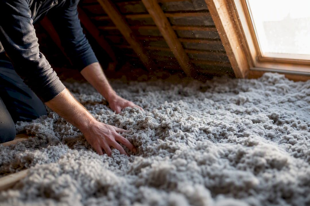 Hands adjusting loft insulation in attic