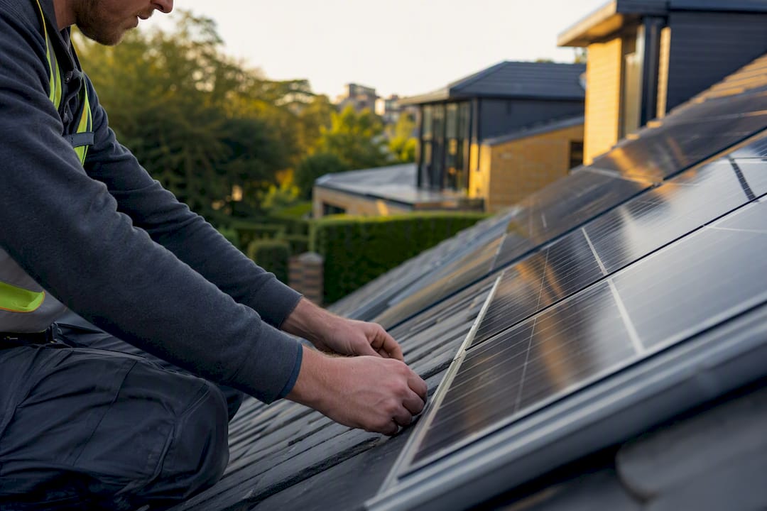 Assessor inspecting solar panels on roof