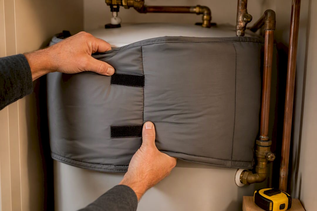 Hands fitting hot water cylinder jacket