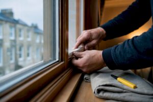 Hands fitting draught proofing to window
