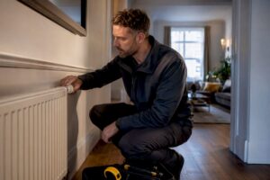 Assessor inspecting radiator in London flat