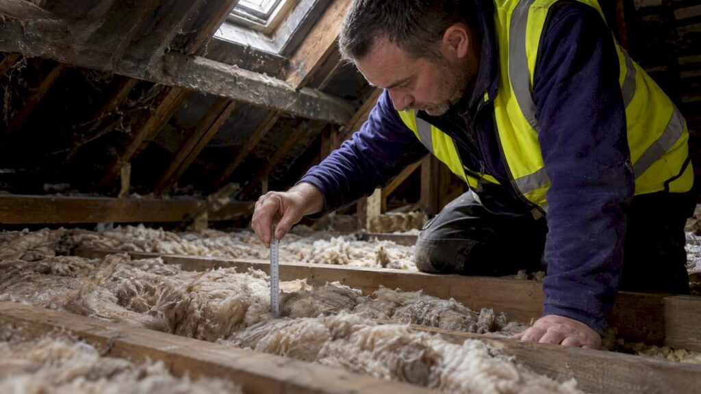 Installer checking insulation depth in a London loft