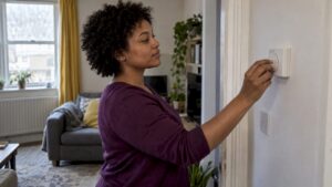 Resident lowering a London flat thermostat