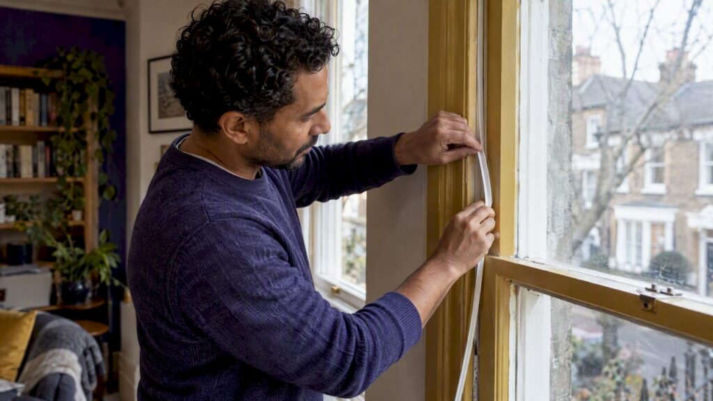 Homeowner fitting draught proofing to sash window