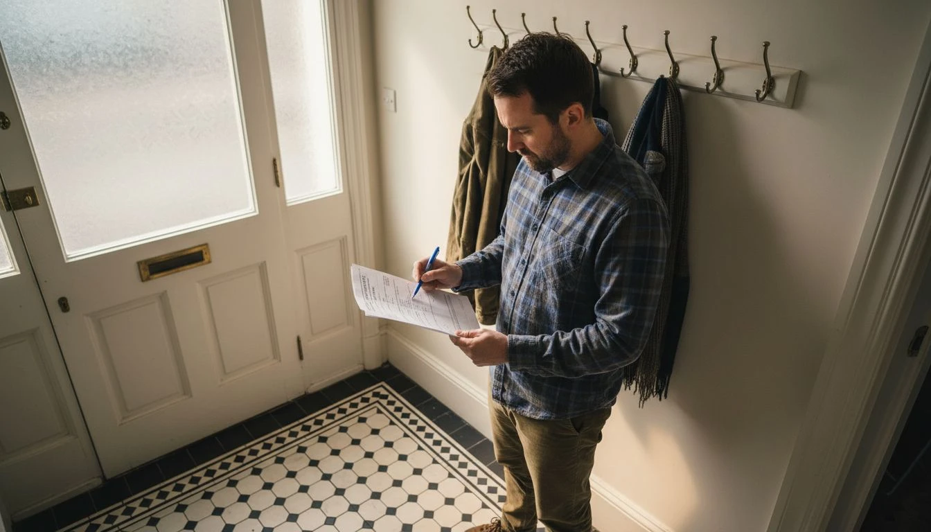 Landlord checking EPC document in hallway