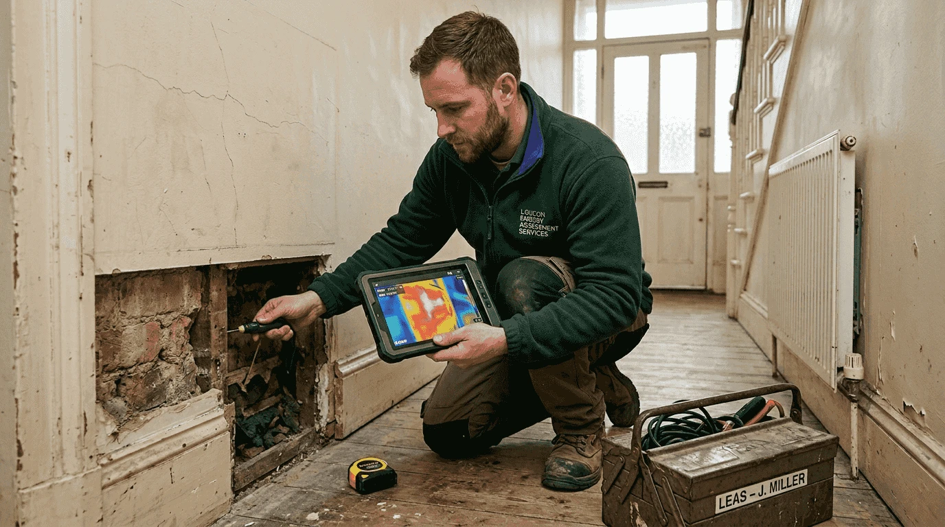Assessor checking insulation inside London house