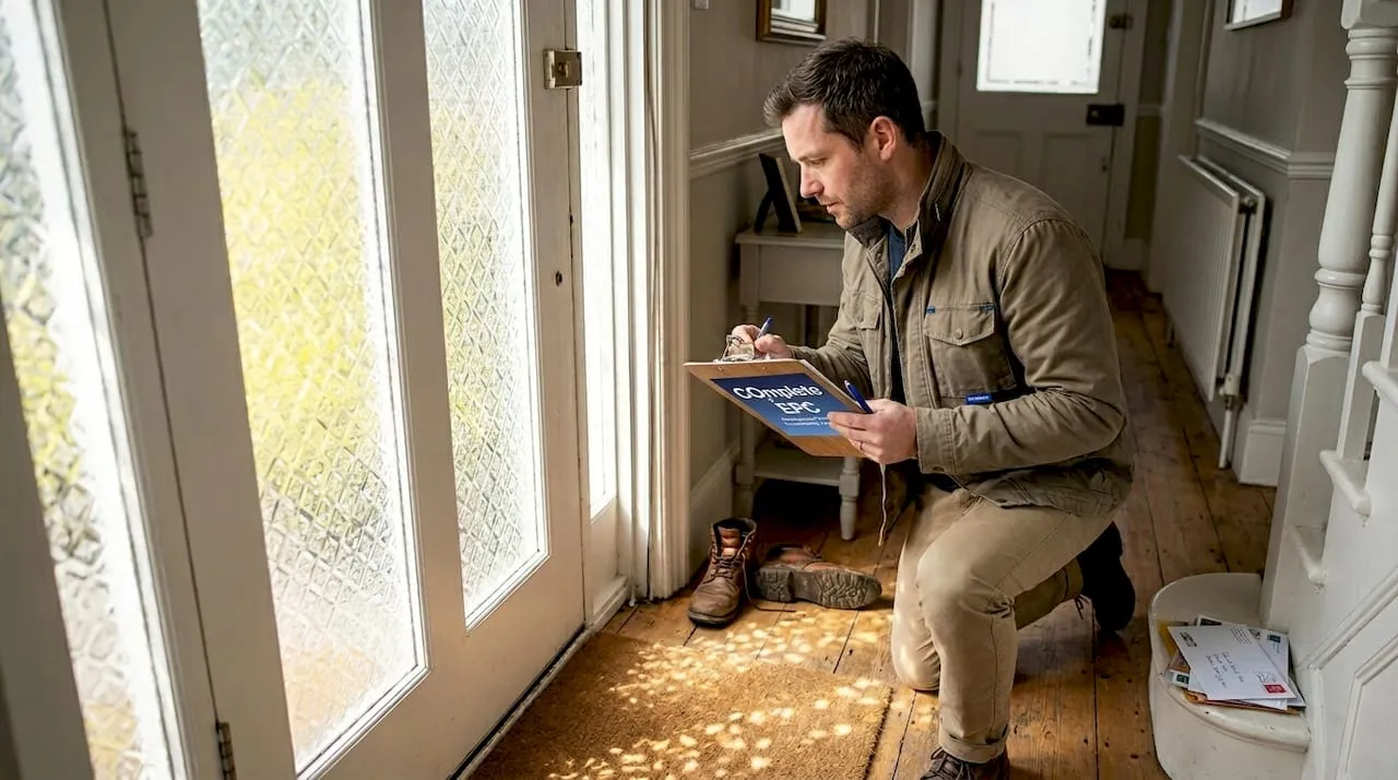 Energy assessor checking London hallway insulation