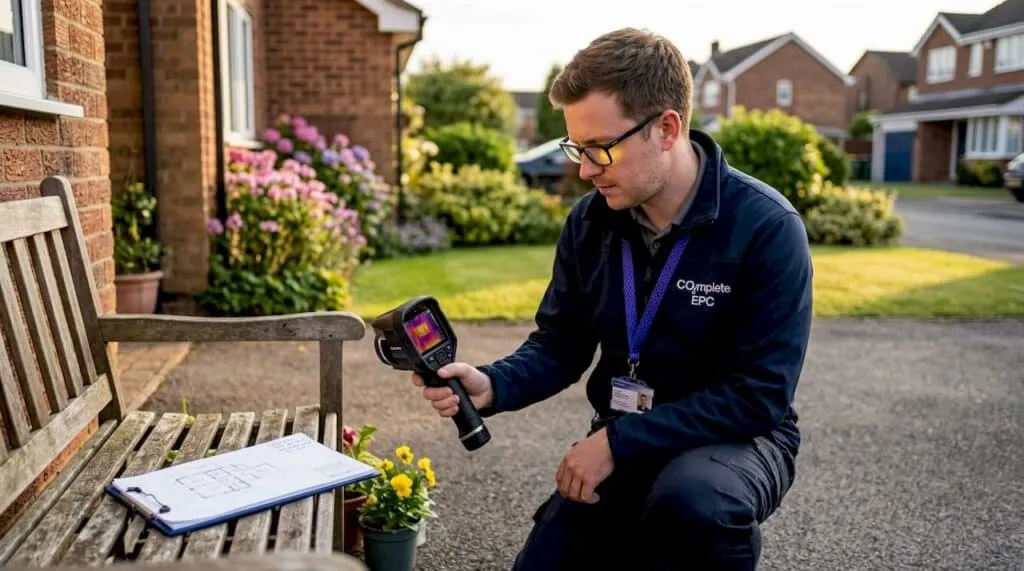Energy assessor inspecting home exterior insulation