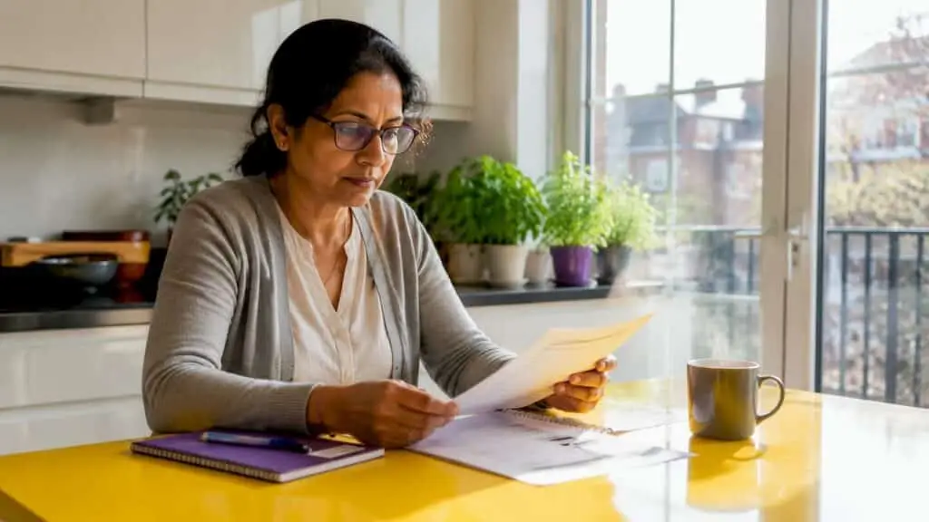 Homeowner reviewing domestic EPC document at kitchen table