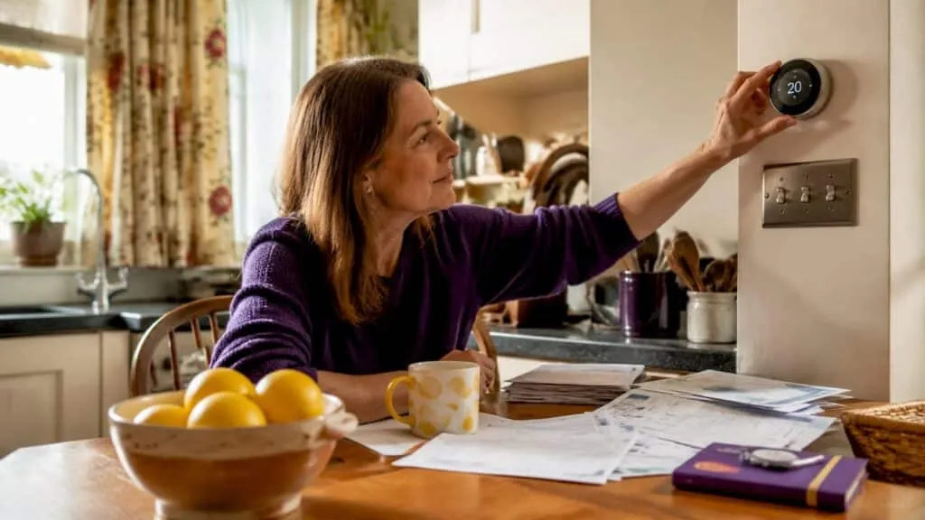 Woman adjusting smart thermostat in living room