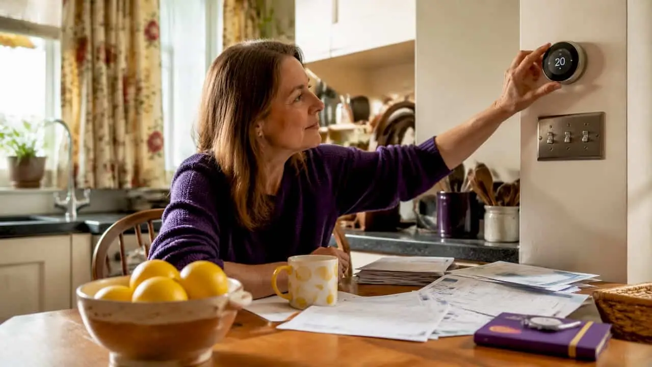 Woman adjusting smart thermostat in living room