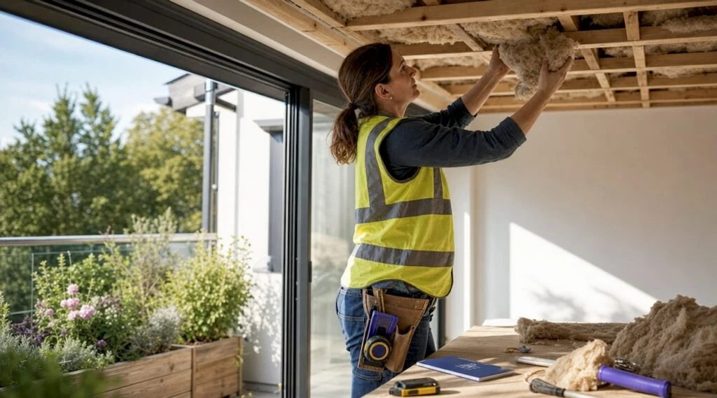 Contractor installing loft insulation in attic