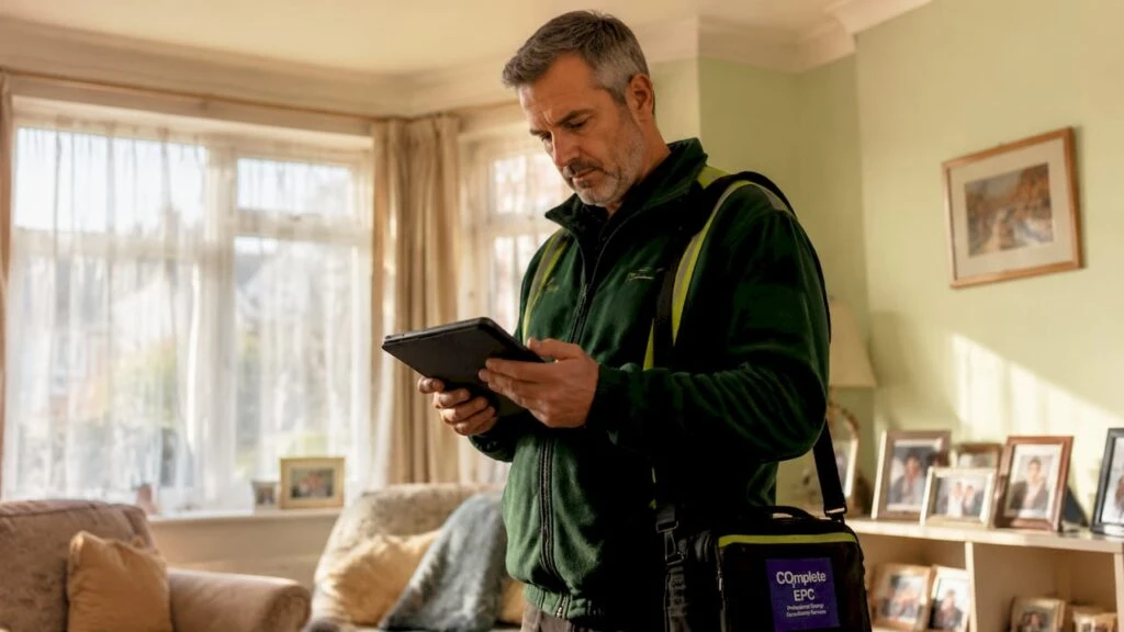 Energy assessor reviewing tablet in home hallway