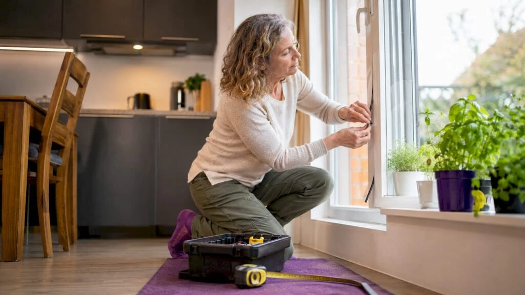 Woman draught-proofing home window