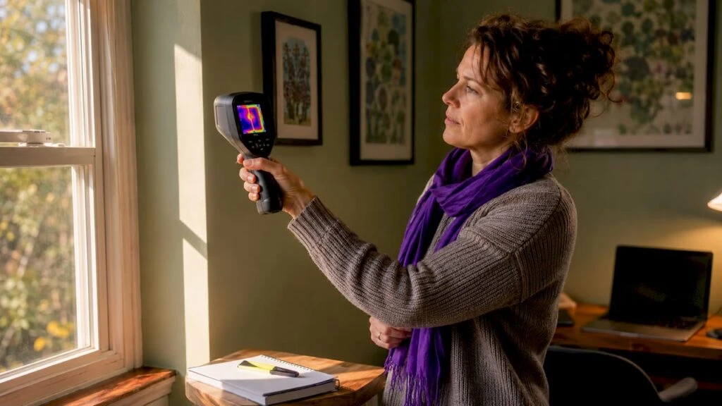 Woman performing home energy audit with thermal camera