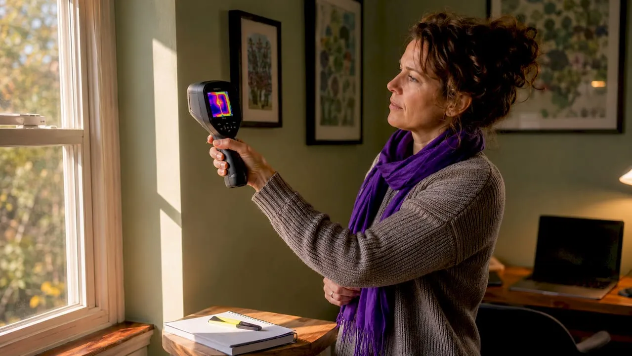 Woman performing home energy audit with thermal camera