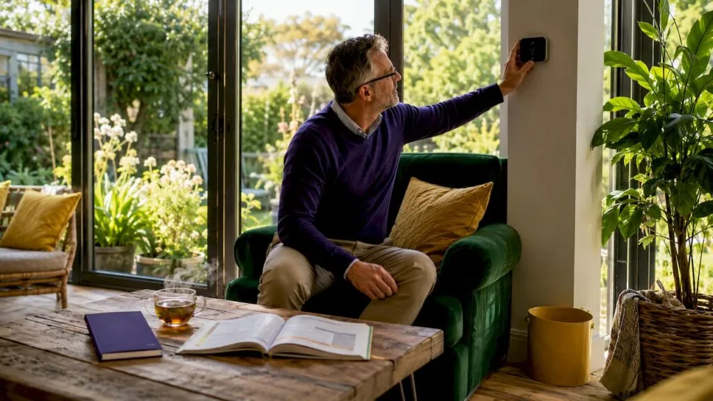 Man adjusting home thermostat for energy saving