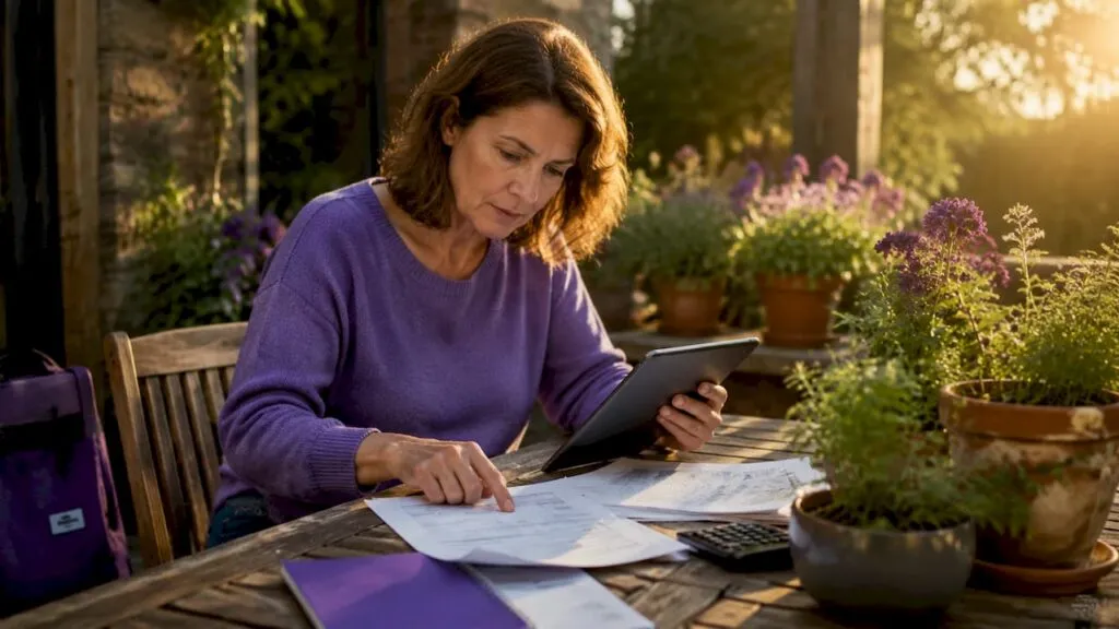 Woman reviewing home energy bills at kitchen table