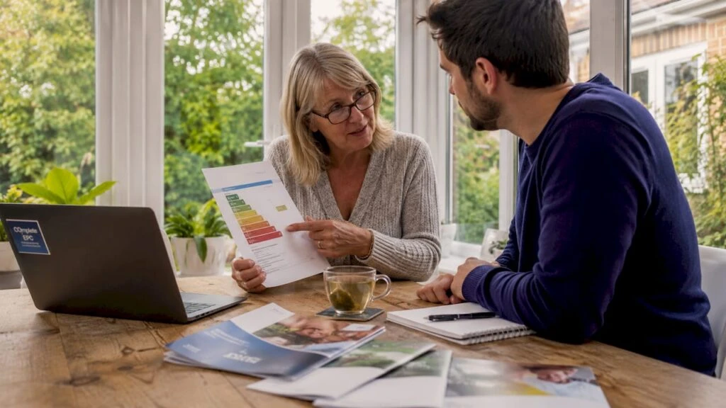 Woman discussing energy certificate in home setting