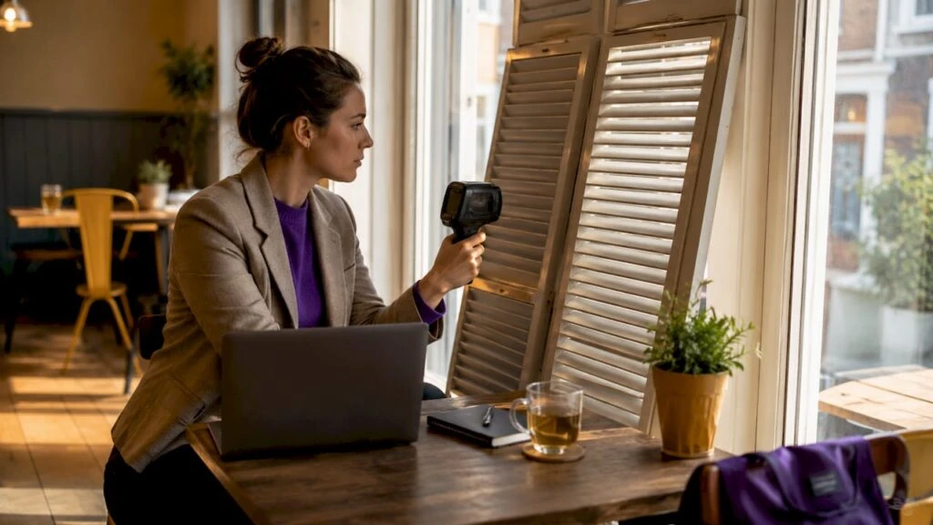 Energy auditor inspecting rental property window