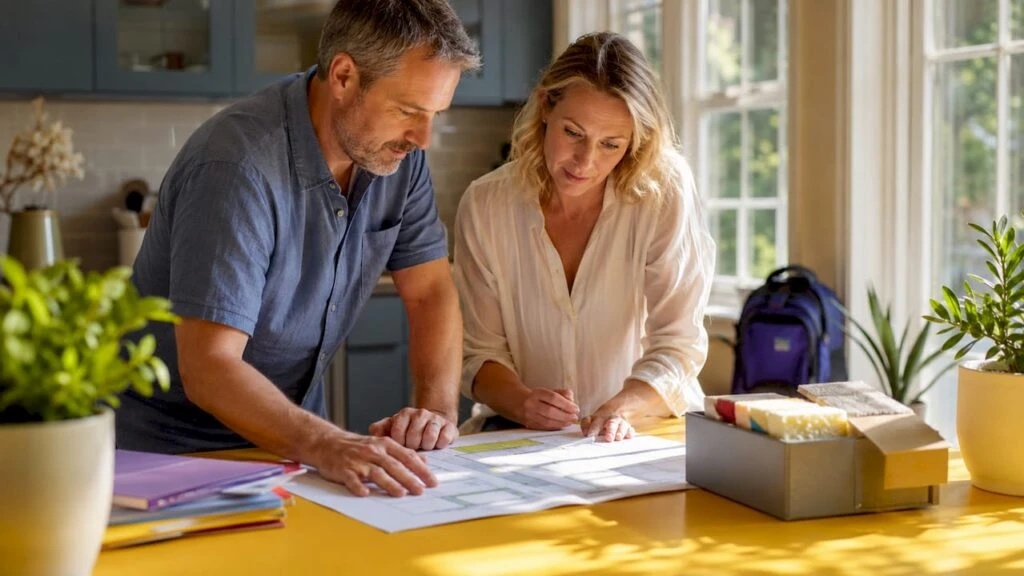 Couple reviewing home energy upgrade plan at table