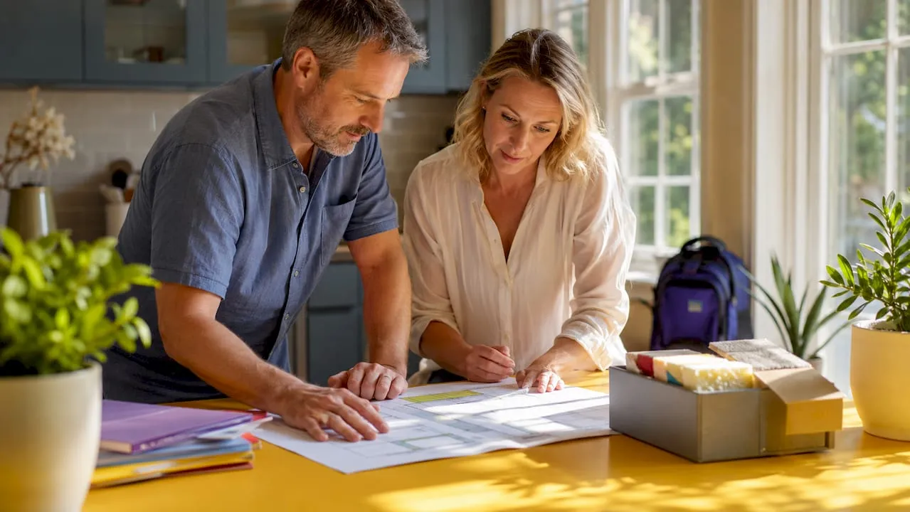 Couple reviewing home energy upgrade plan at table