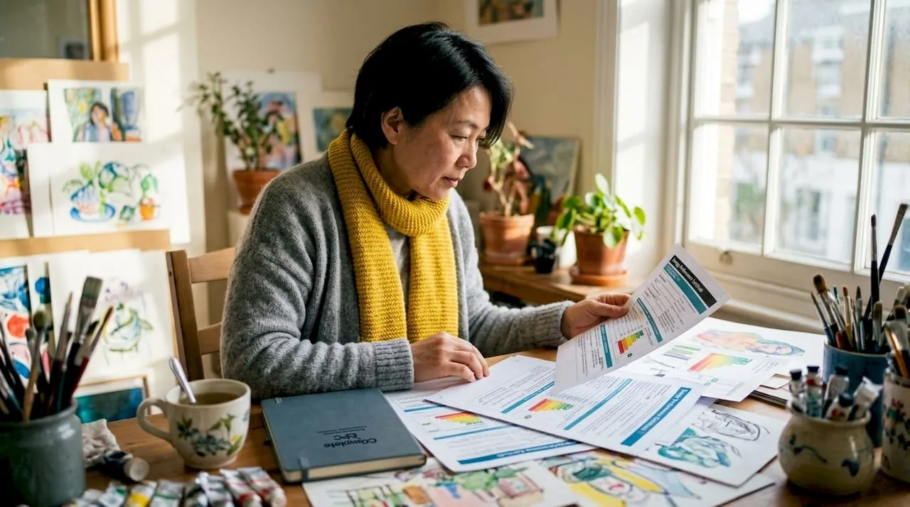 Landlord reviewing energy rating documents at home