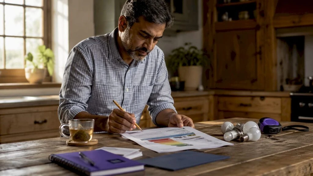 Landlord reviewing energy performance certificate at home