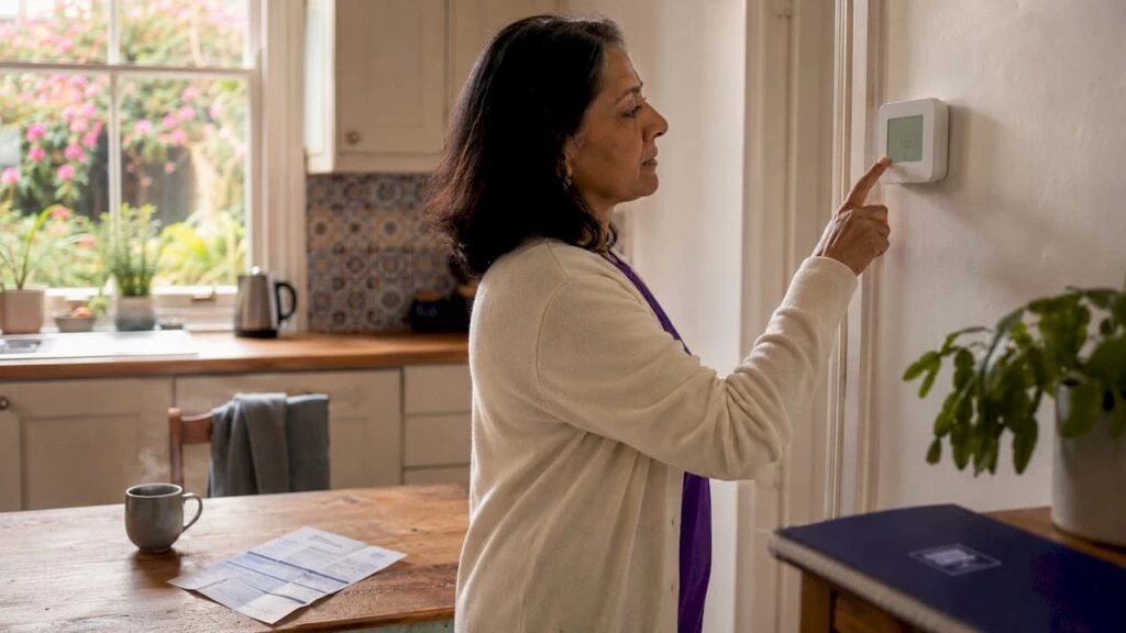 Woman adjusting thermostat in London home