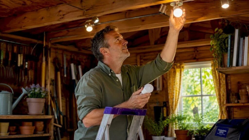 Man installing energy-efficient LED bulbs in kitchen