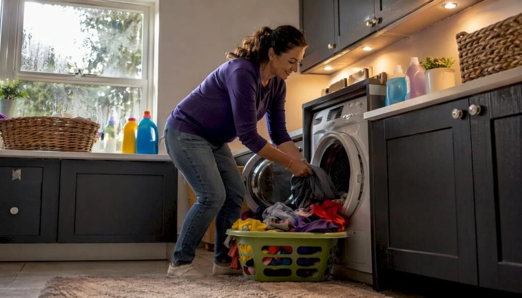 Woman doing energy-saving laundry routine in kitchen