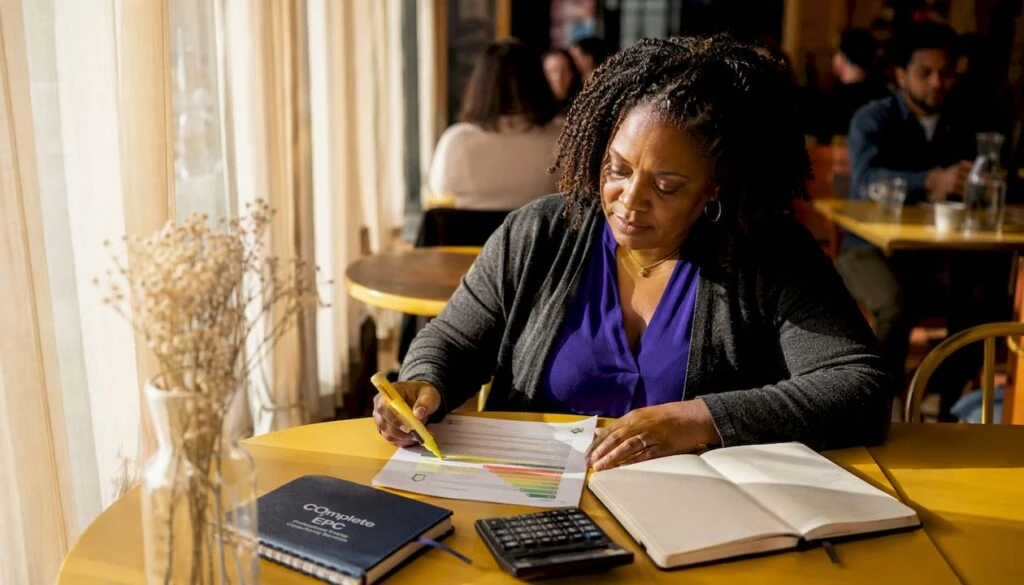 Woman reviewing energy certificate at home table