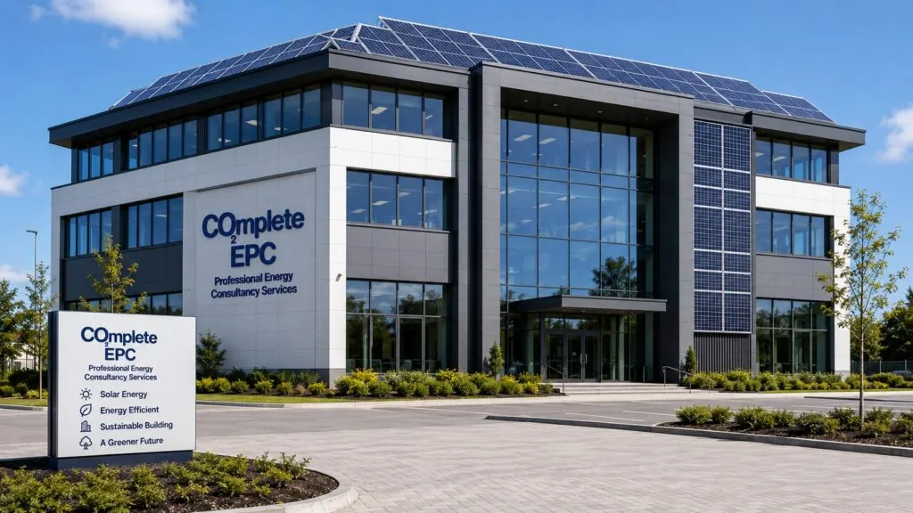 Modern building with solar panels.