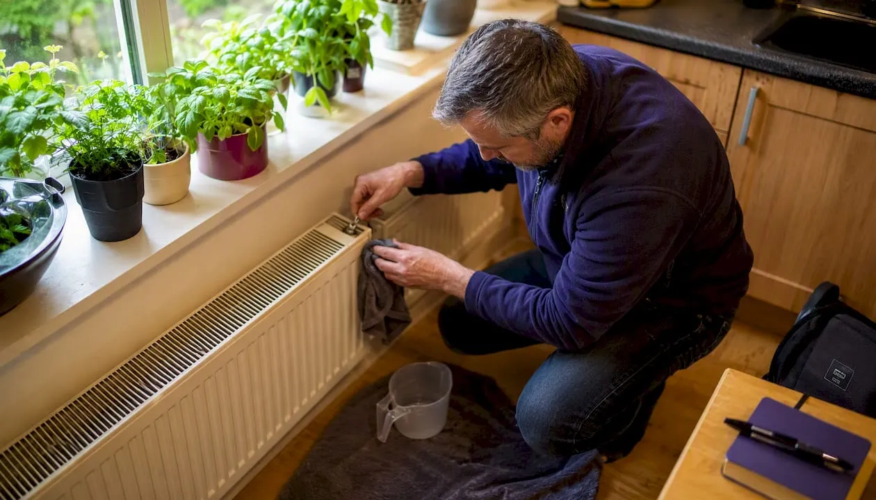 Man bleeding radiator in living room