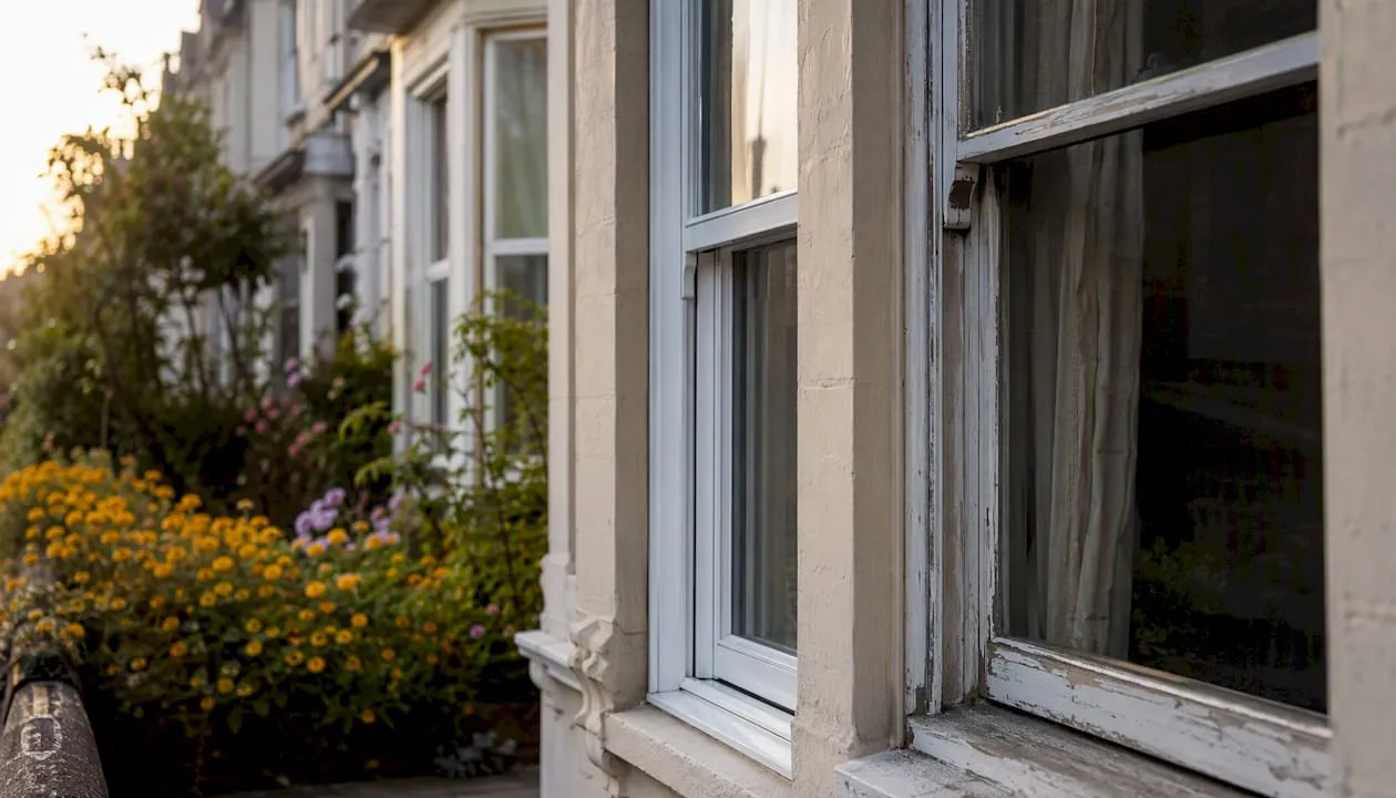 Close-up of mixed sash and double-glazed windows