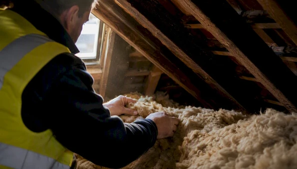 Energy assessor inspecting loft insulation