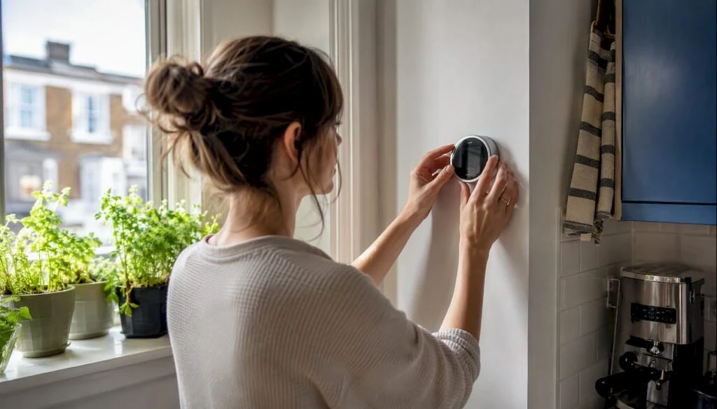 Hands adjusting thermostat in home