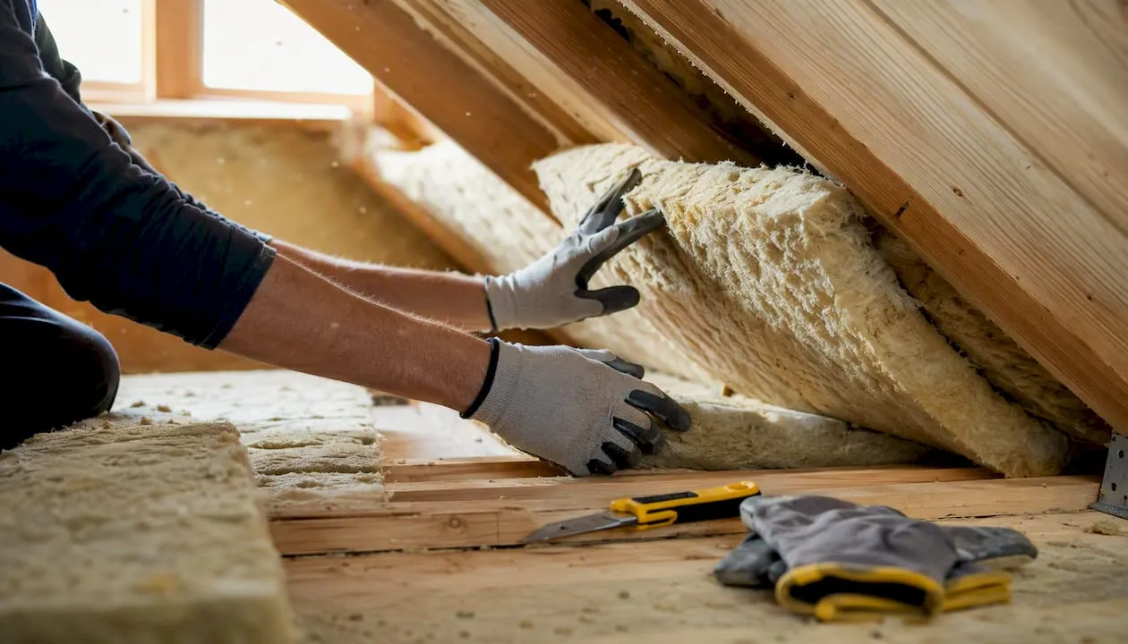 Hands installing loft insulation in attic