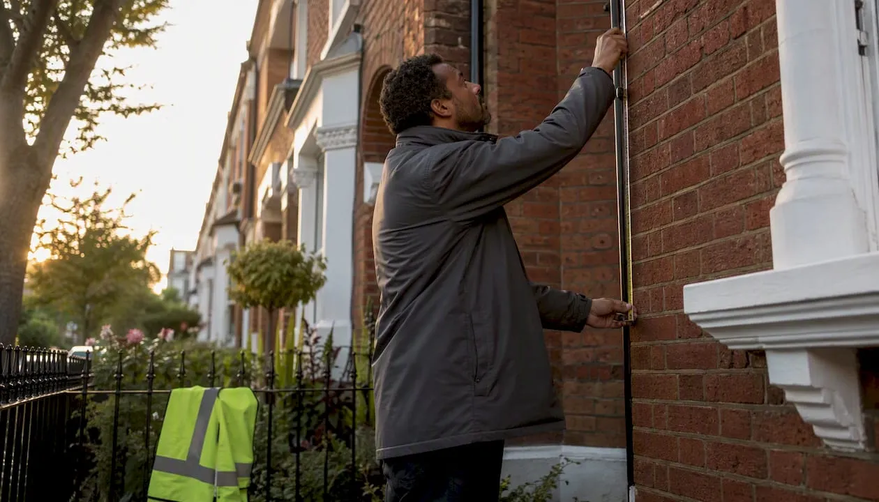Energy assessor measuring residential brick wall