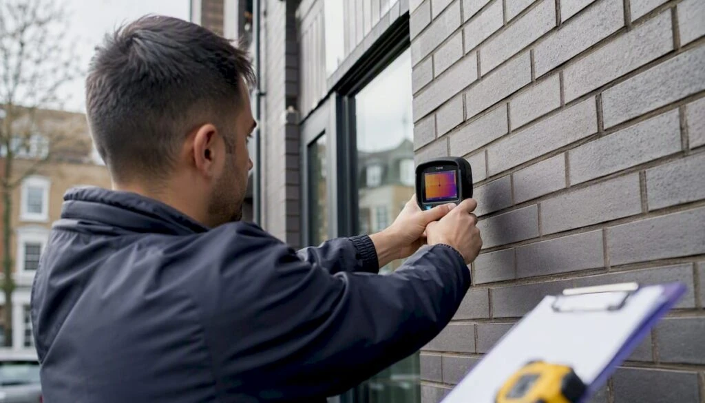 Hands measuring house wall exterior in London
