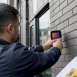 Hands measuring house wall exterior in London