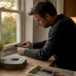 Hands fitting draught-proofing strip on window