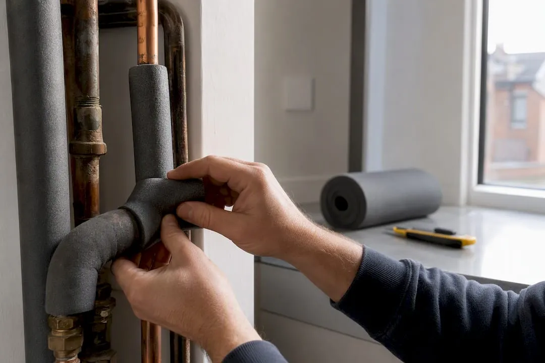 Hands applying pipe lagging insulation