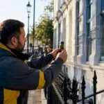 Energy assessor measuring home exterior